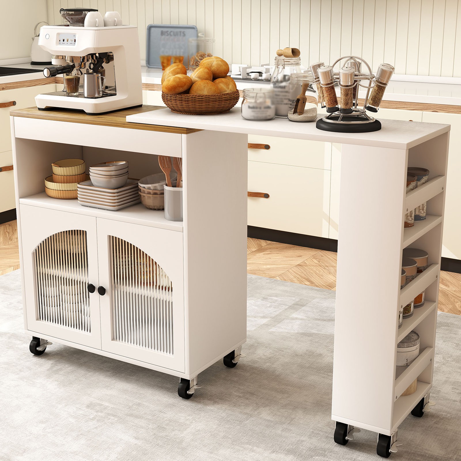 Kitchen Island On Wheels With Extended Table MDF Rolling Kitchen Storage Cabinet