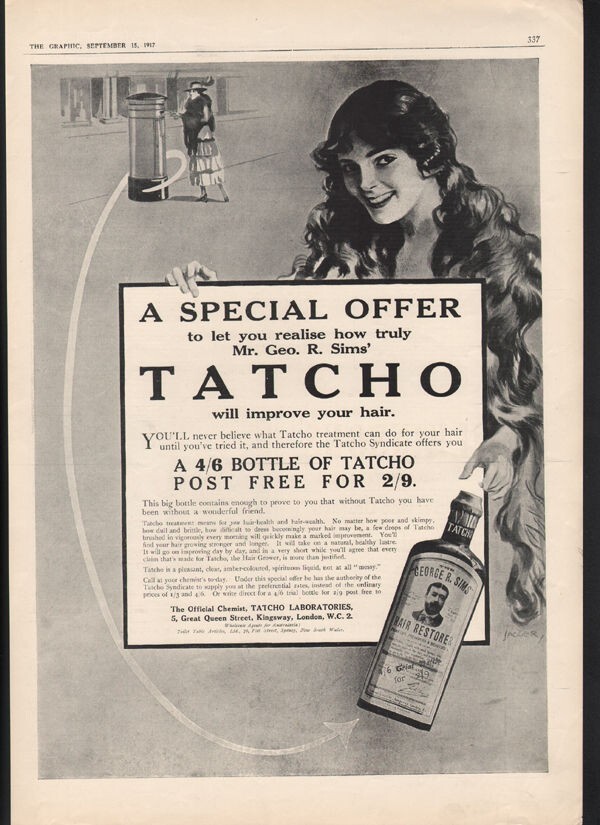 1917 TATCHO HAIR RESTORER BALD CHEMIST QUACK BOTTLE ARROW JACKIER BEAUTY 20177