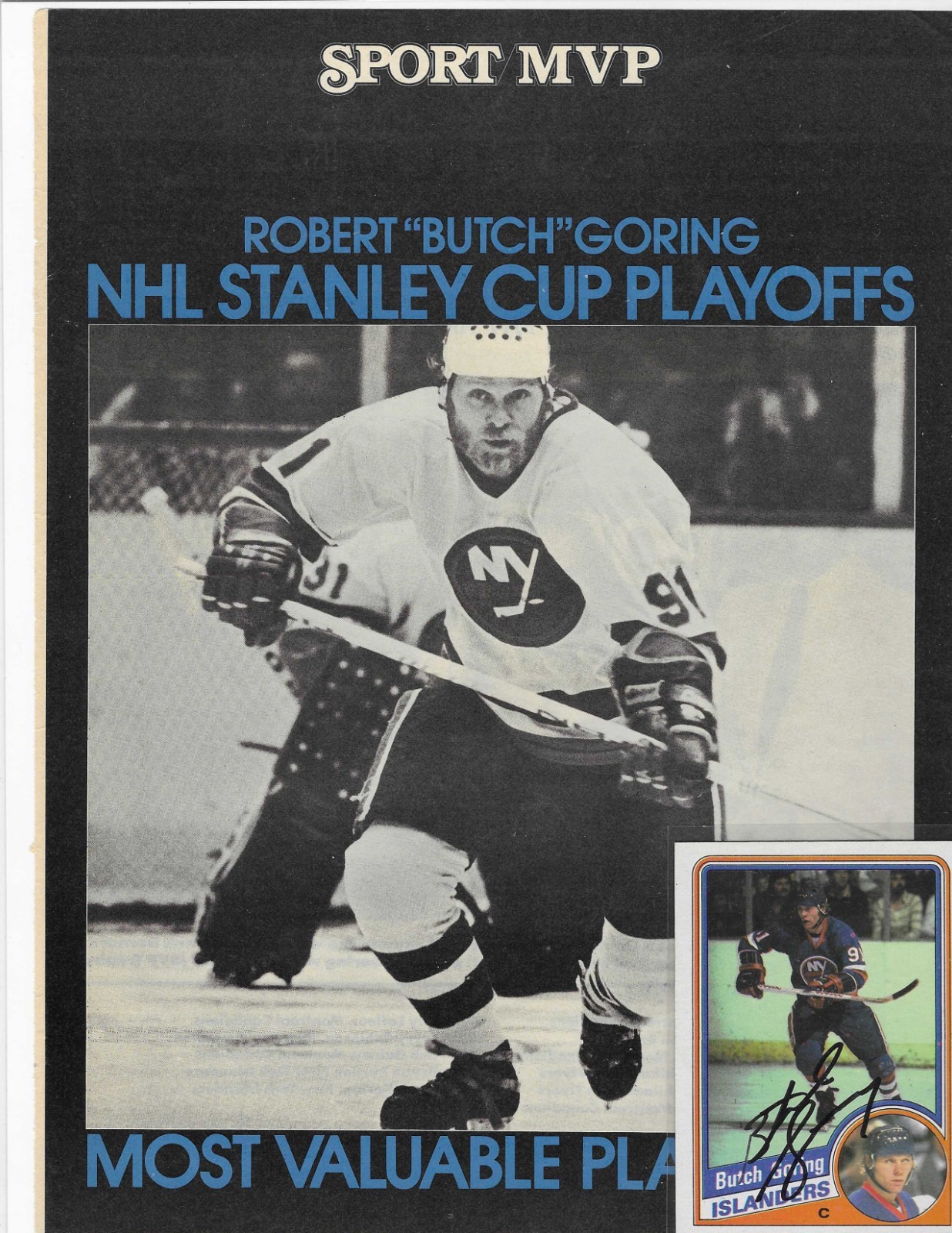 ISLANDERS BUTCH GORING SIGNED CARD and SPORT MVP MAGAZINE PAGE