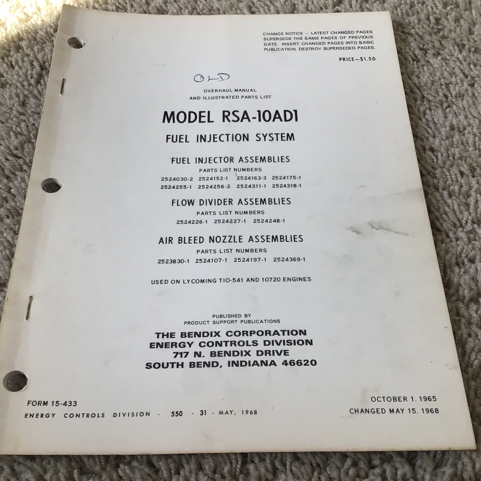 Bendix RSA-10ADI Fuel Injector Overhaul & Parts Manual