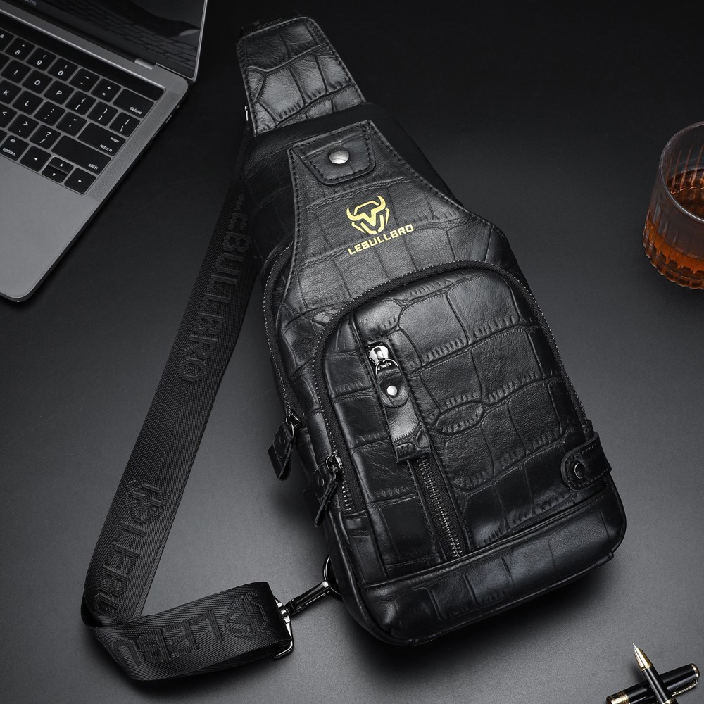 LEBULLBRO Men's Genuine Leather Chest Bag Sling Backpack Crossbody Shoulder Bag