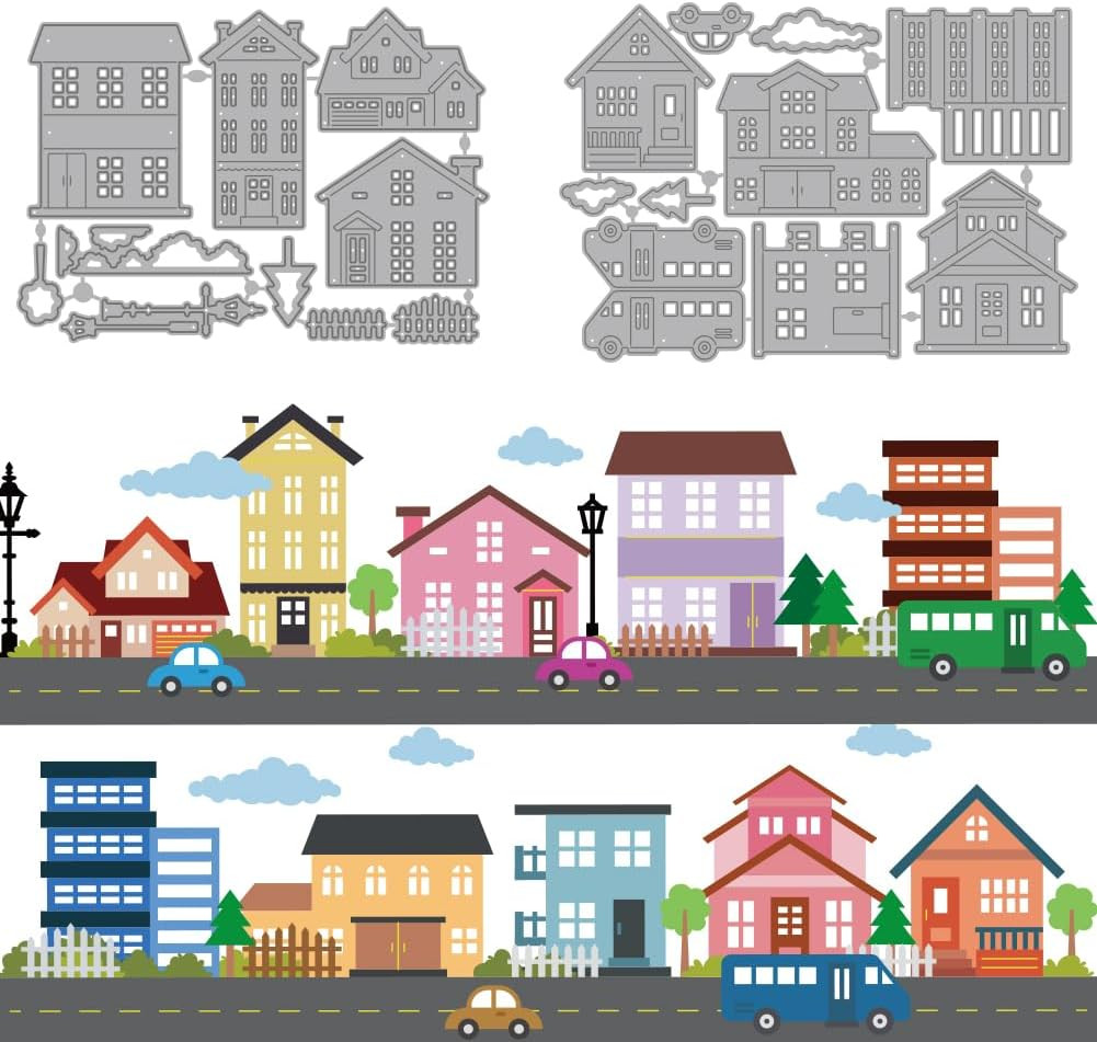 House Tree Metal Cutting Dies Fence Grass Die Cuts Cars Street Lamps Embossing T