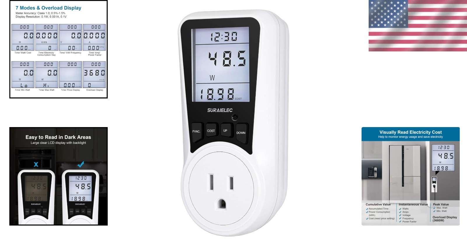 Watt Meter, Plug-in Socket Power Meter, Auto Cost Calculator, Backlit Large D...