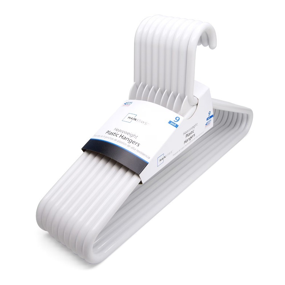 (5 pack) White Heavyweight Plastic Clothes Hangers, 9-Count - Strong Support