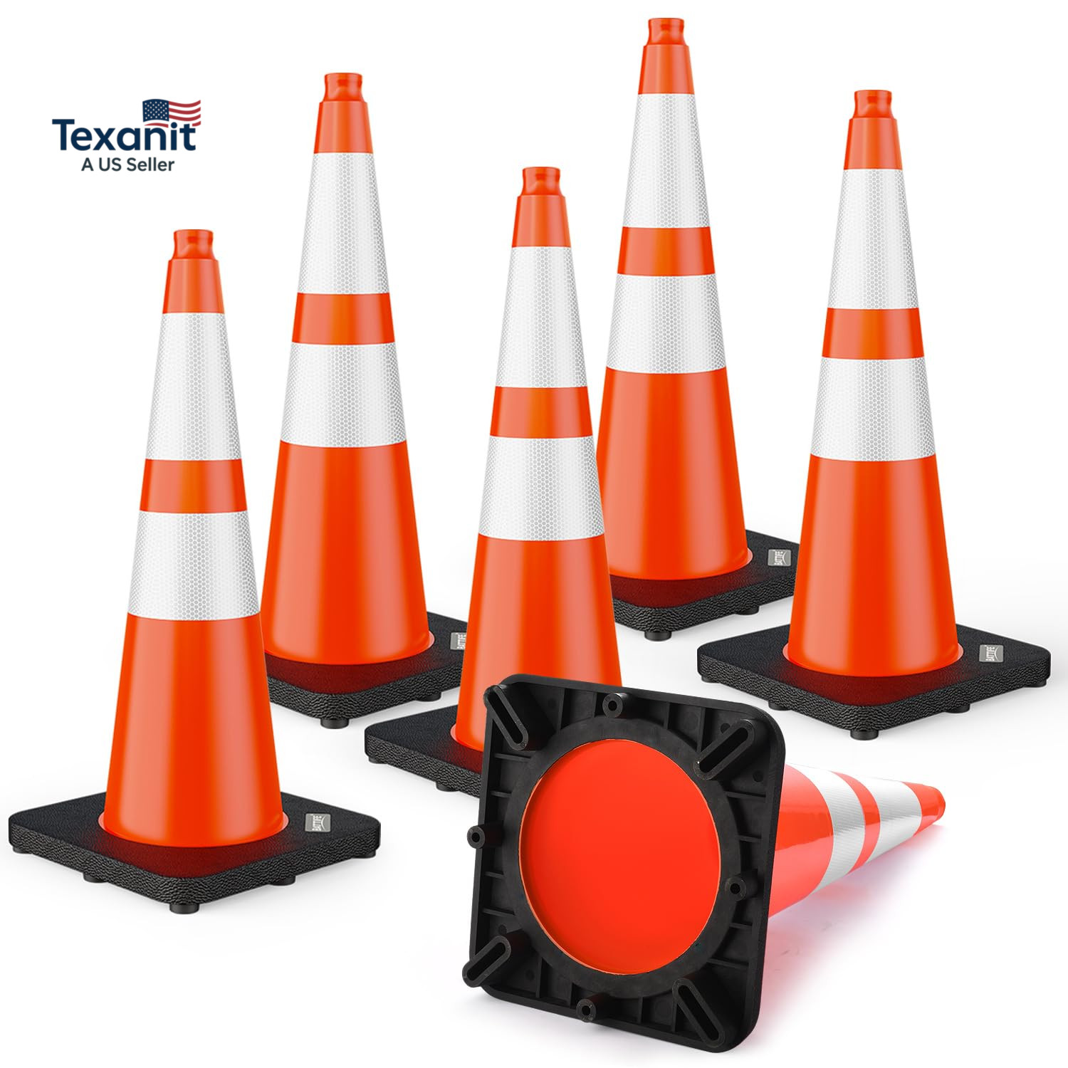 28 Inch Traffic Cones with Black Weighted Base, PVC Orange Safety Cones for Traf