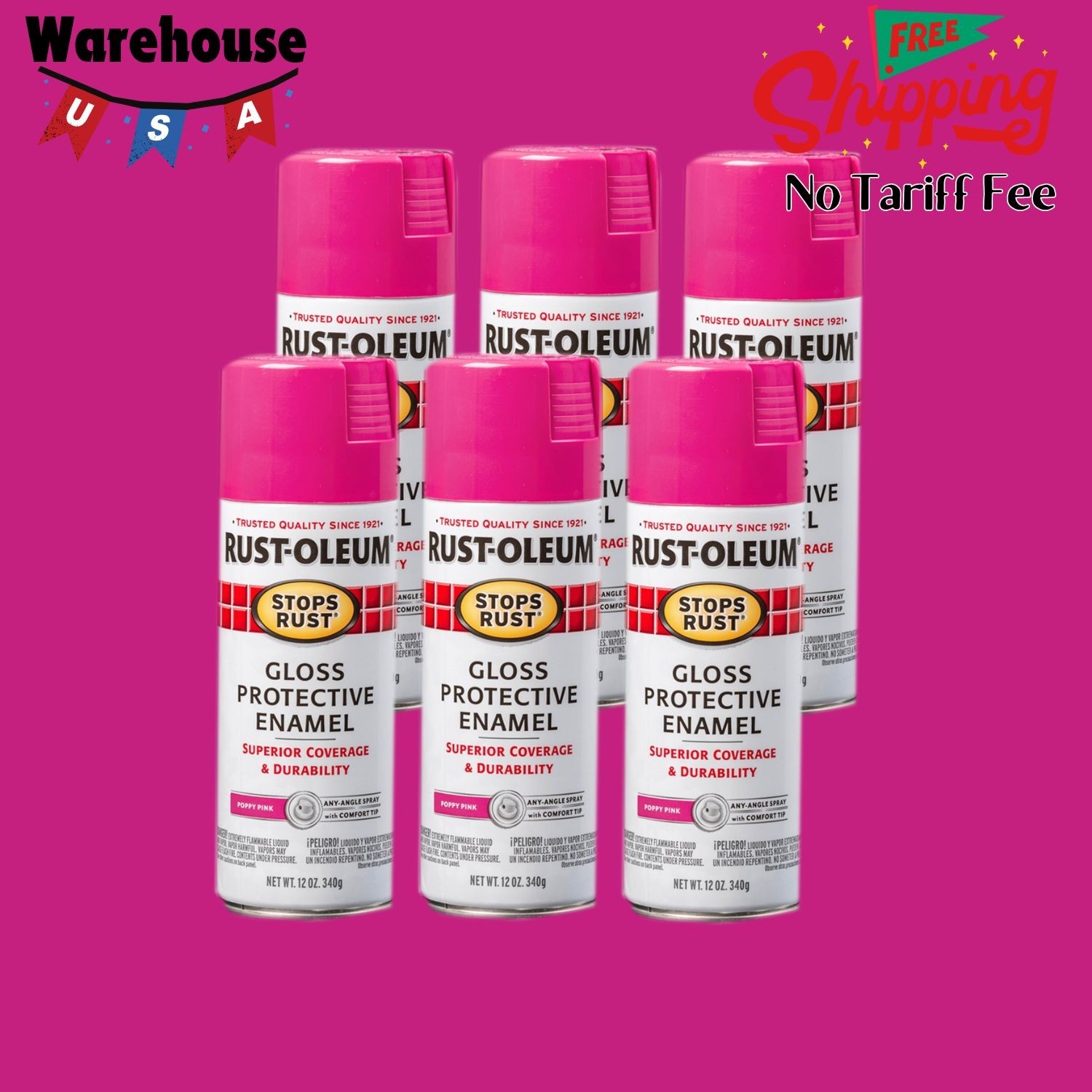 6 Pack, Poppy Pink, Stops Rust Gloss Protective Enamel Spray Paint, 12 oz