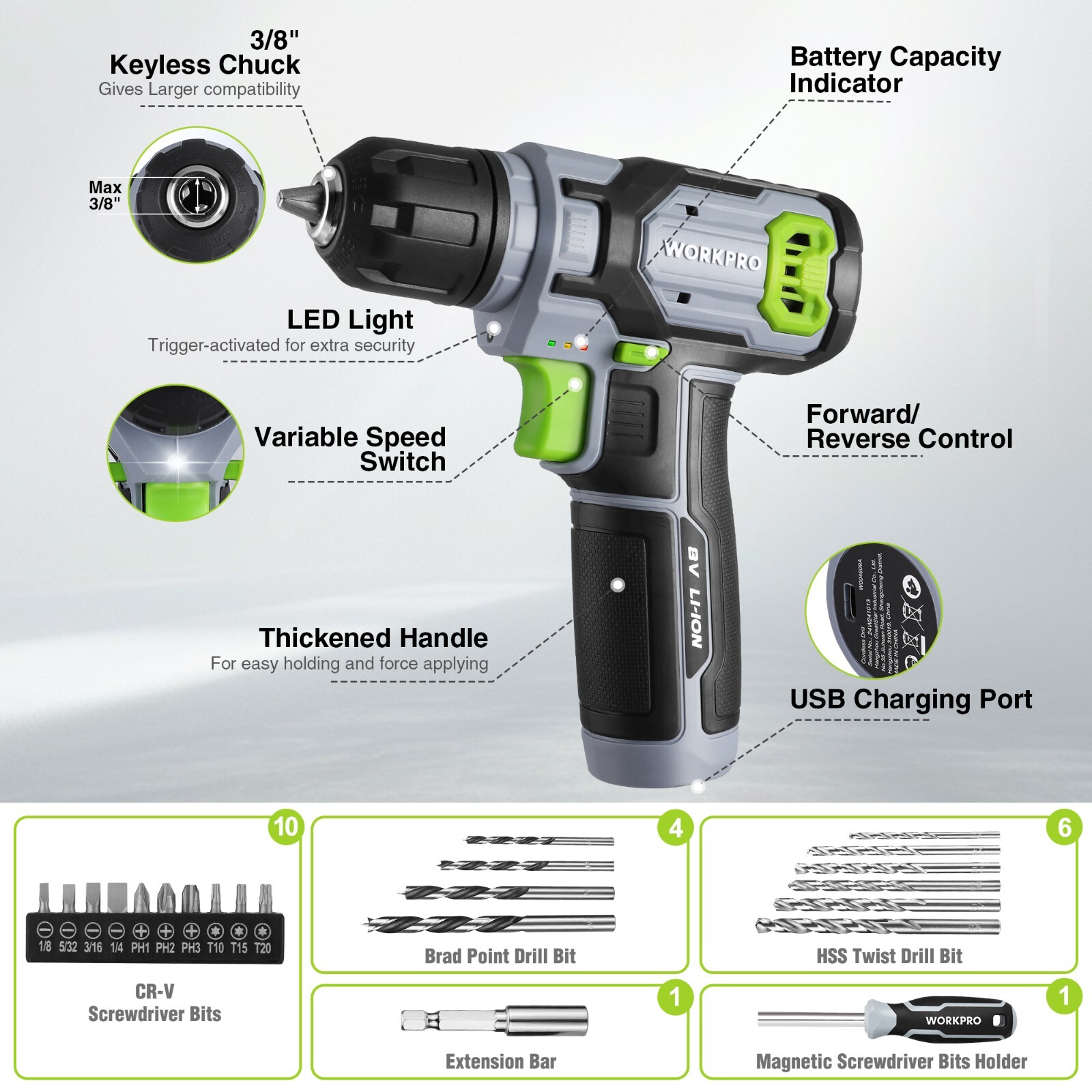 WORKPRO 43PCS Cordless Lithium-ion Drill Driver and Toolbox, 8V 2.0 Ah Power