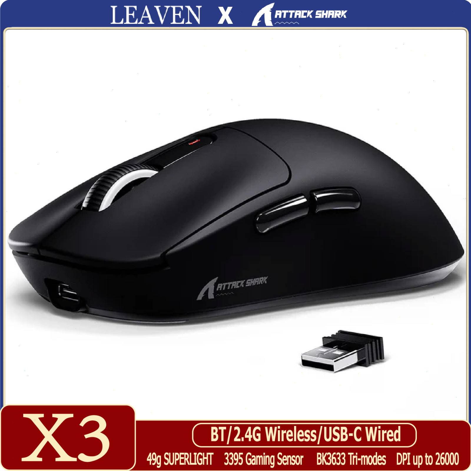 ATTACK SHARK X3 Wireless Gaming Mouse,PAW3395 Superlight,26000DPI,Tri-modes,200H