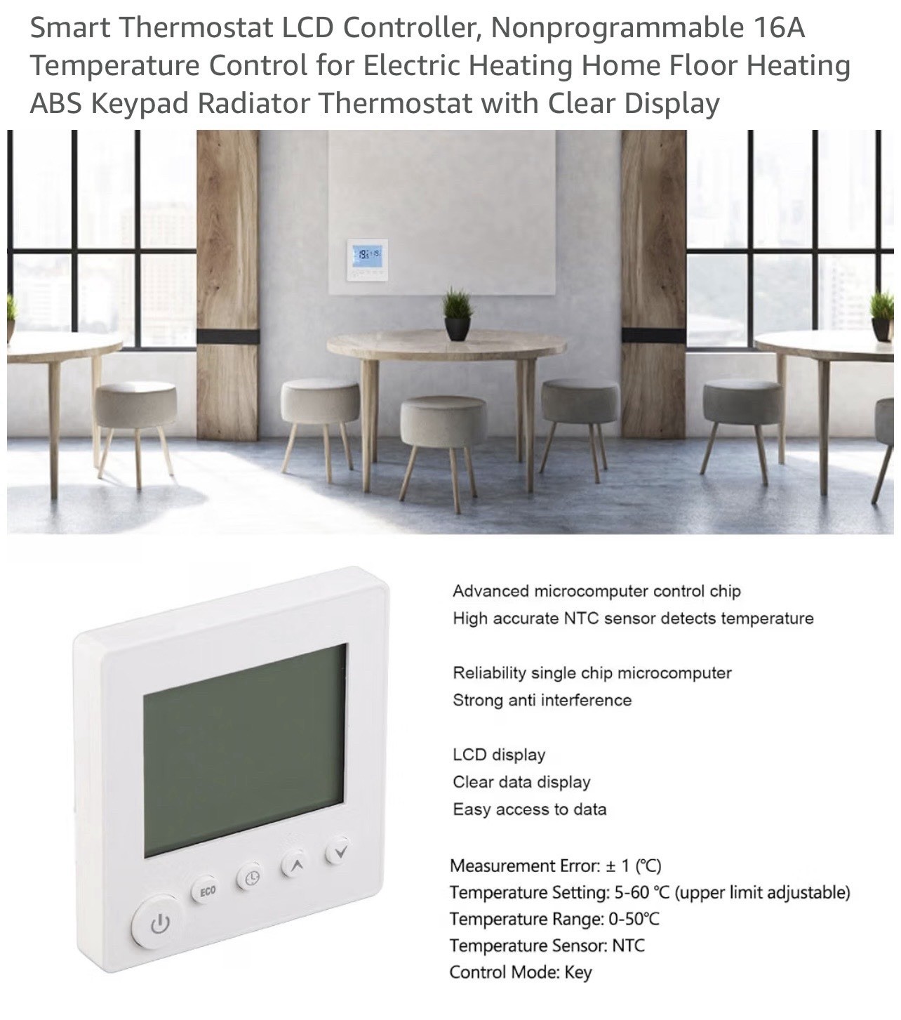 Smart Thermostat with LCD Display, 16A Keypad Temperature Controller for