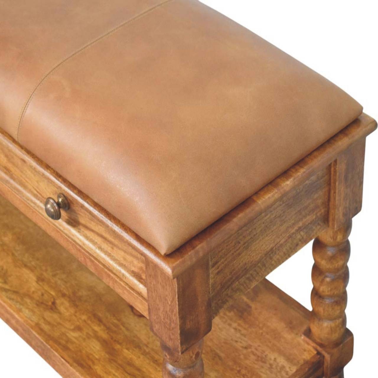 Leather Spindle Storage Bench - Amber Oak