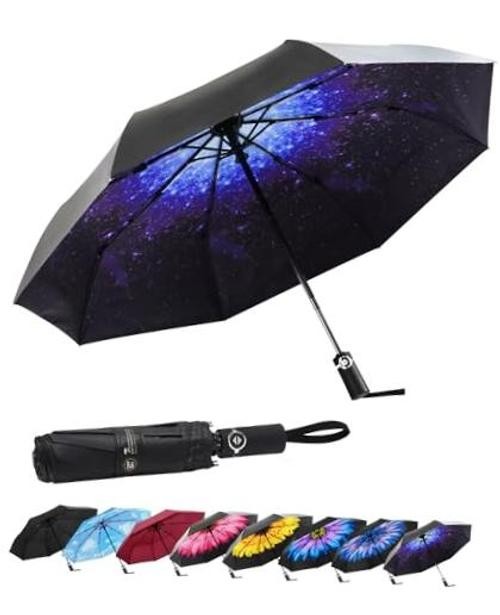 Travel Umbrella for Rain, Windproof Automatic Compact Umbrella starry sky blue