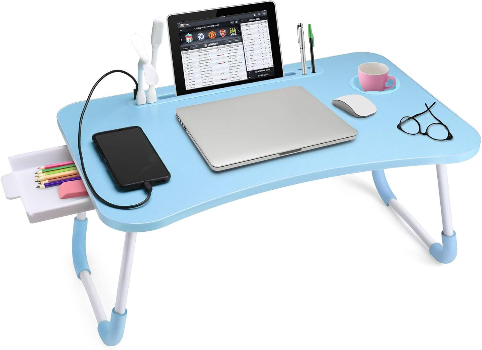 Laptop Bed Desk with Storage Cup Holder Light Fan Pen Tablet Holder Foldable for