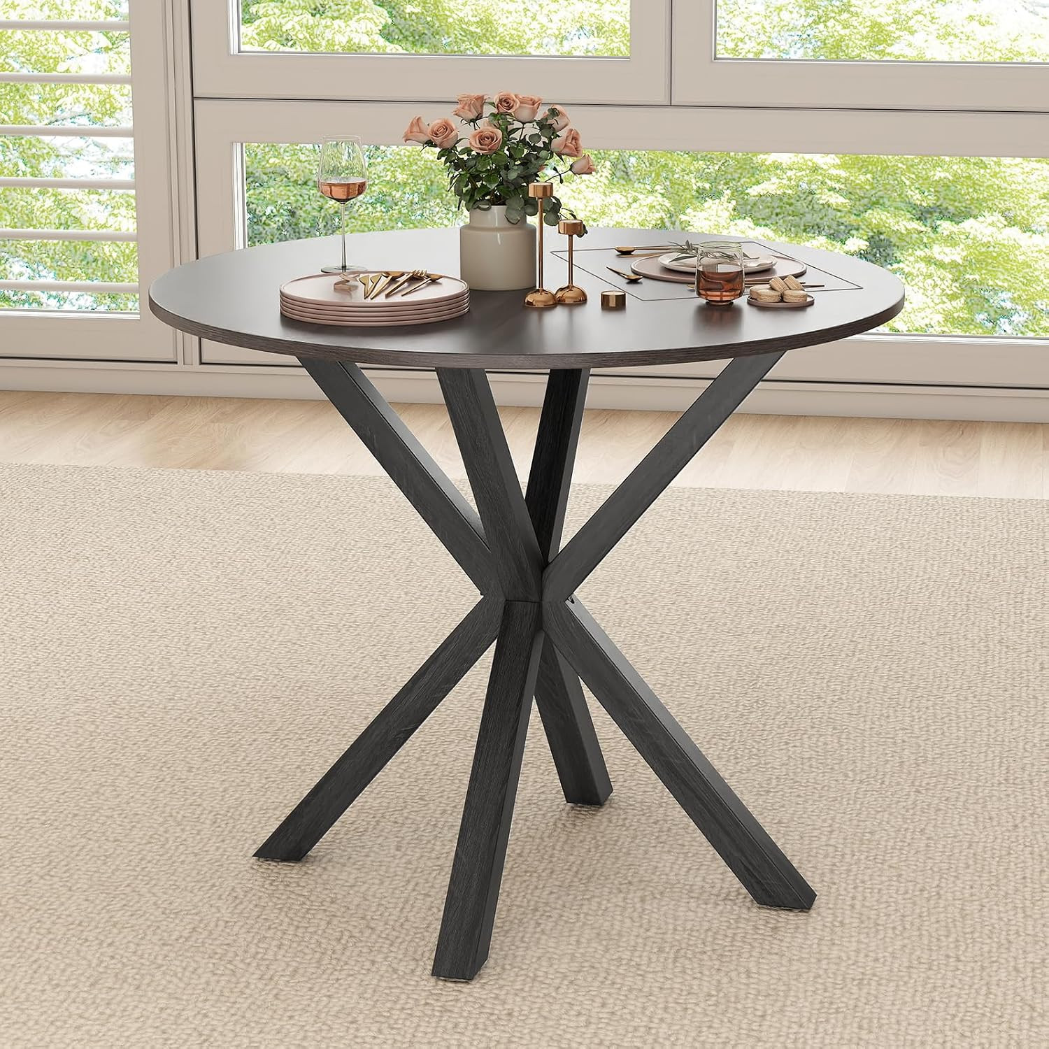 Modern 36" Round Dining Table for 2-4 with Rubber Wood Legs - Black