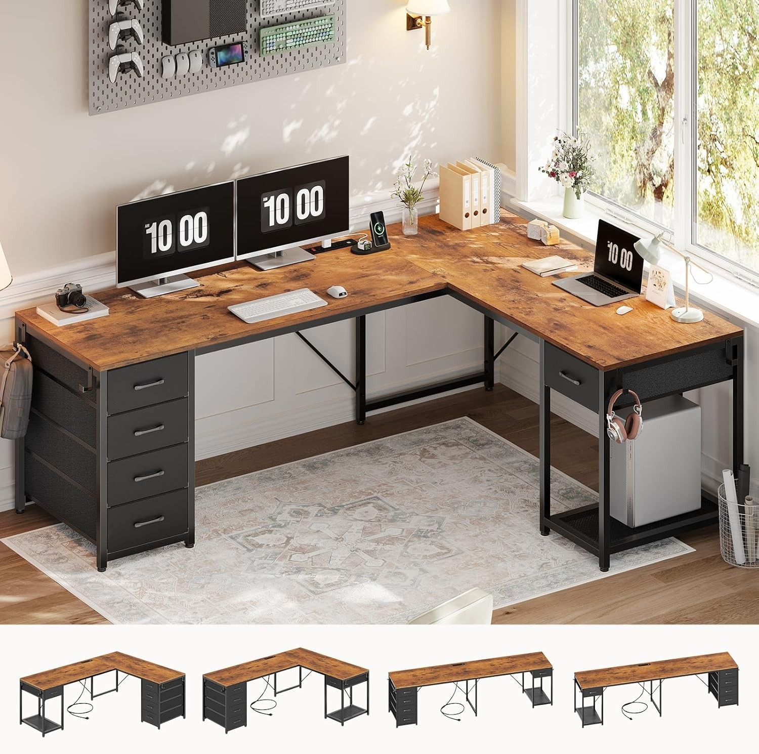 57" L Shaped Desk with 5 Drawers, Reversible Computer Corner Desk with Storage