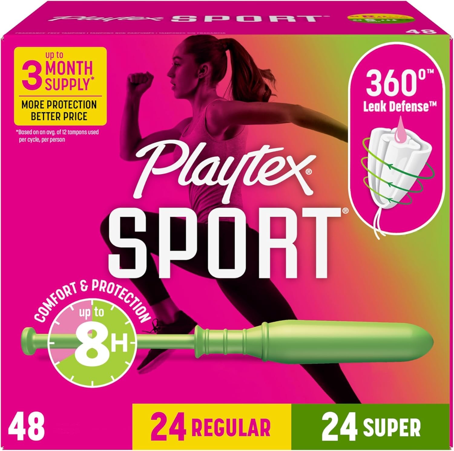 Playtex Sport Tampons Multipack (24ct Regular/24ct Super), Fragrance-Free - 48ct
