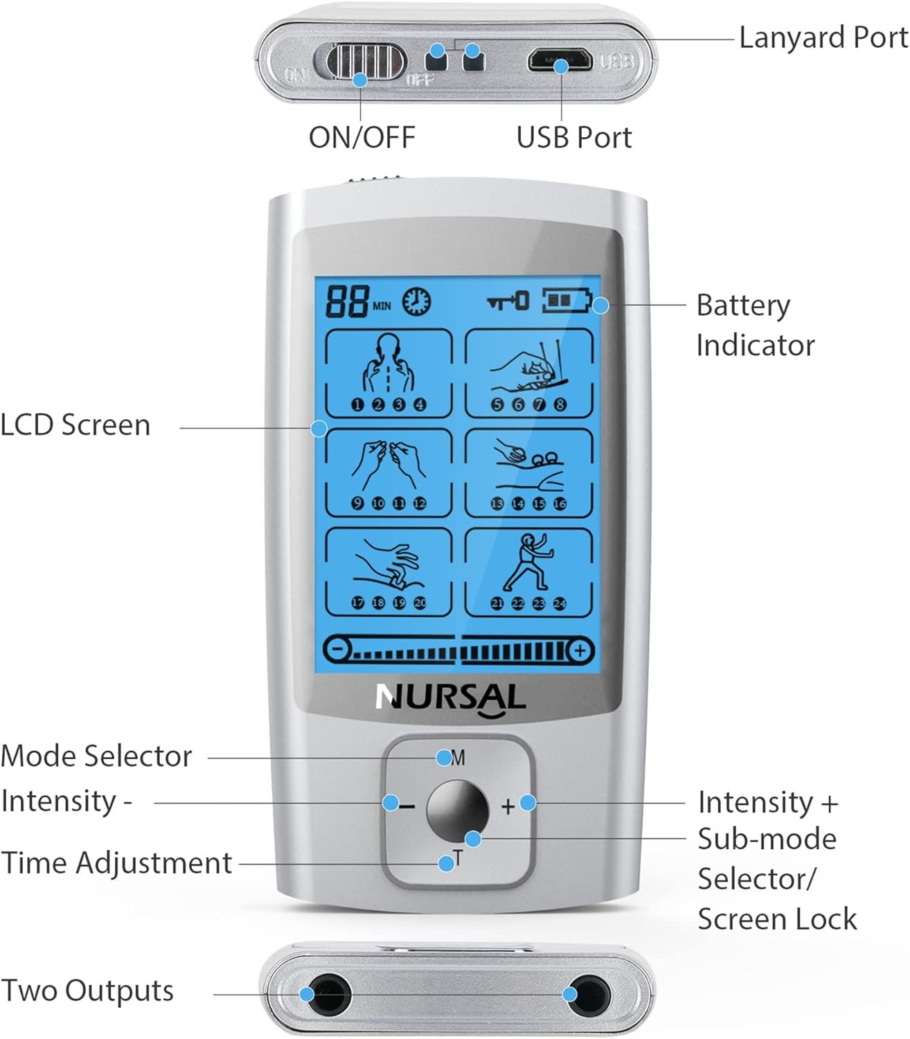 NURSAL 24 Modes TENS Unit Muscle Stimulator with Continuous Stimulation,