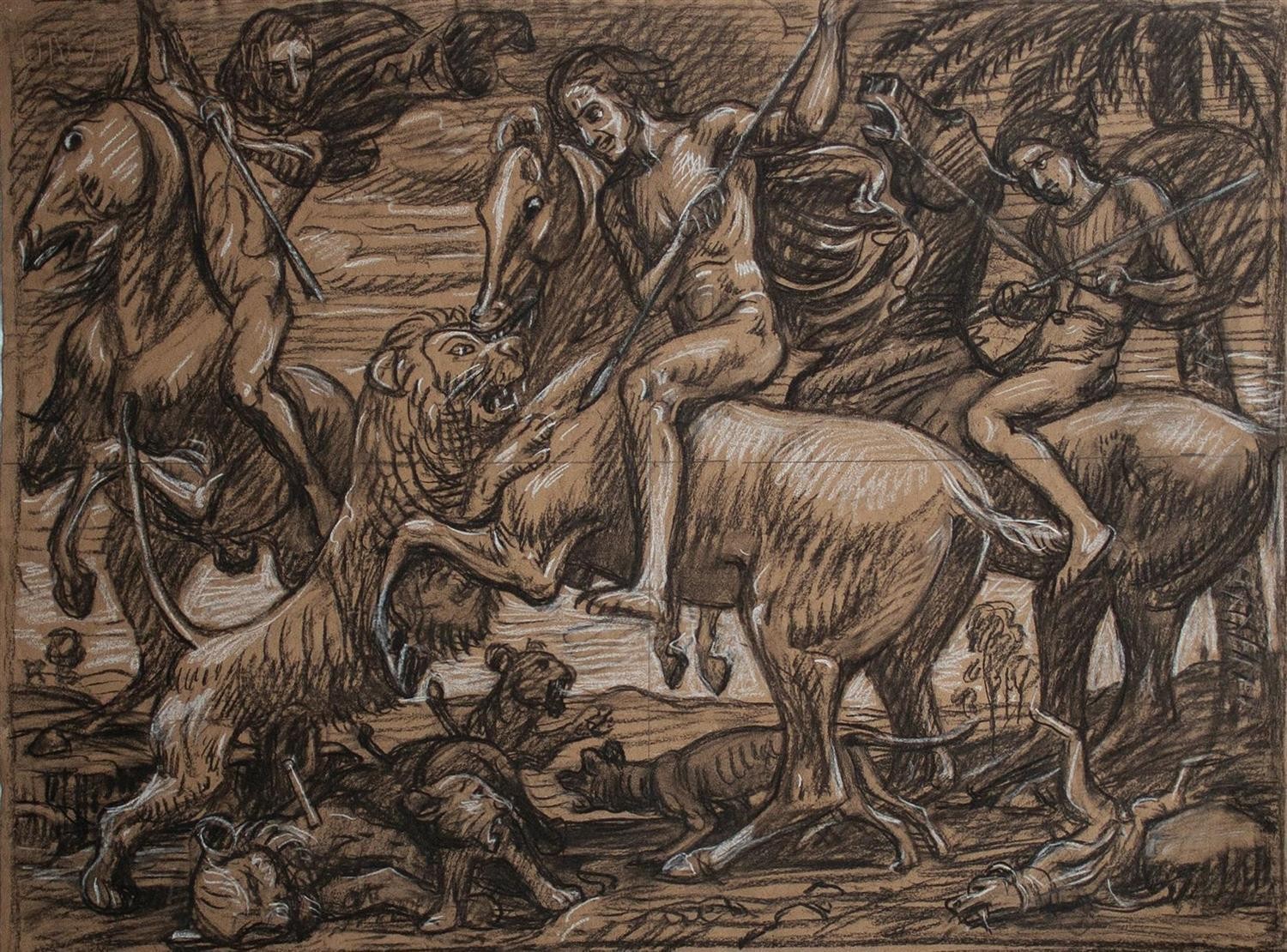 Wilhelm Wohlgemuth fighting horse lions perimeter Hans von Marées pencil 20th century
