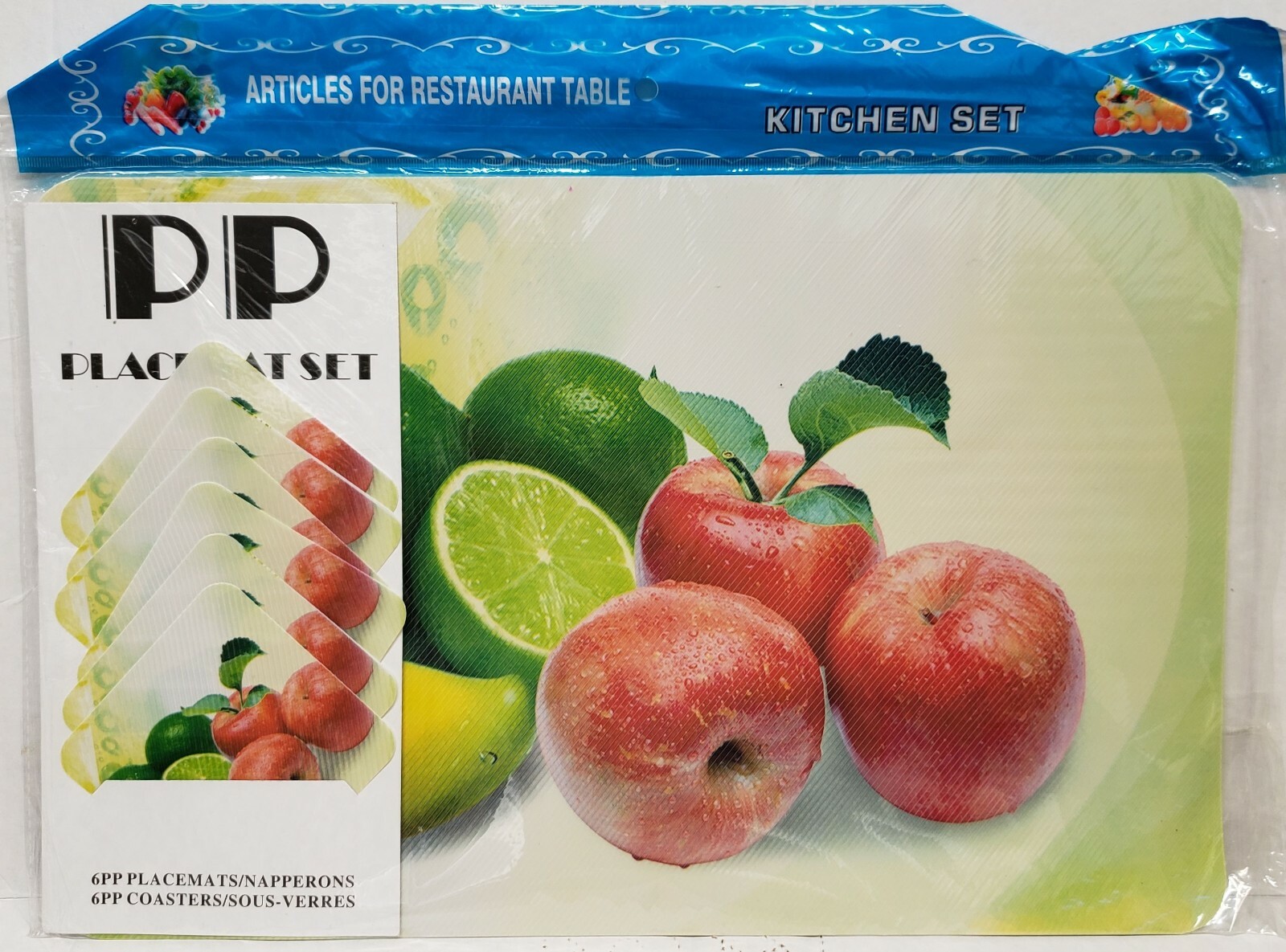 12 pc Thin Plastic Kitchen Set: 6 PLACEMATS & 6 COASTERS, RED & GREEN APPLES