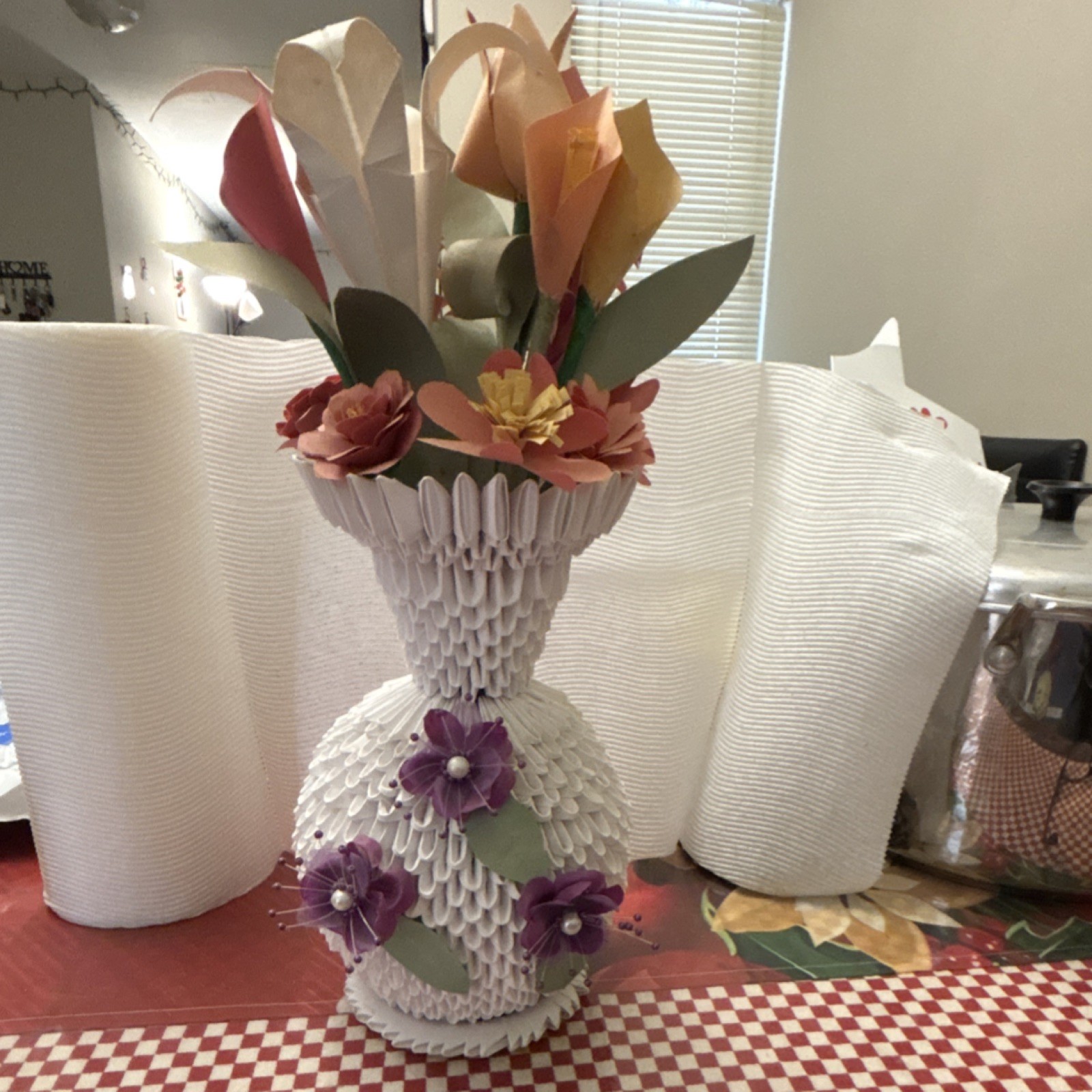 Handmade Origami Paper Vase with Paper Flowers for Home Office Table Decoration