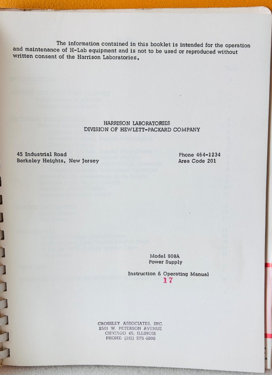 HP Model 808A DC Power Supply Instruction & Operating Manual.