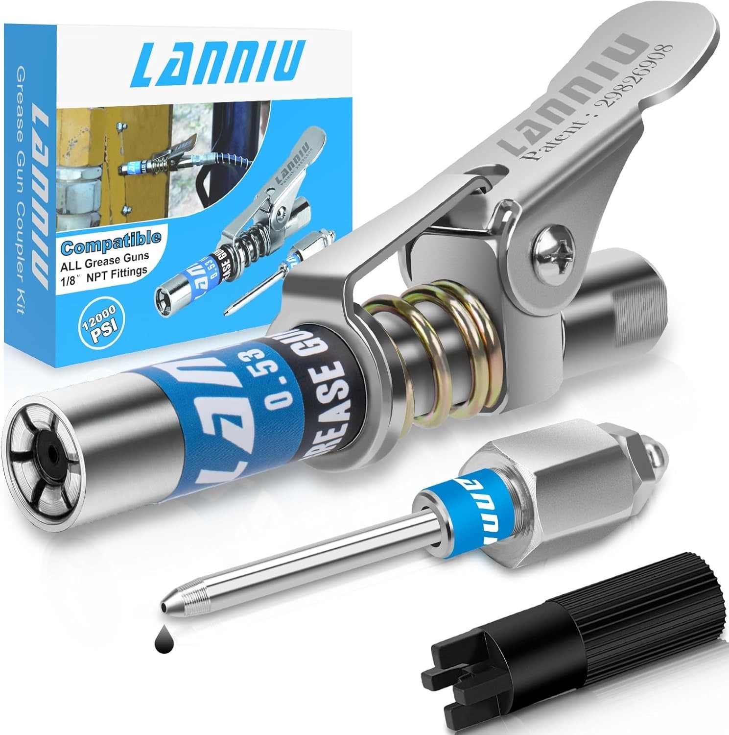 LANNIU Grease Gun Coupler Kit, Upgraded 0.53 Grease Gun Tips, 12000 PSI Stron...