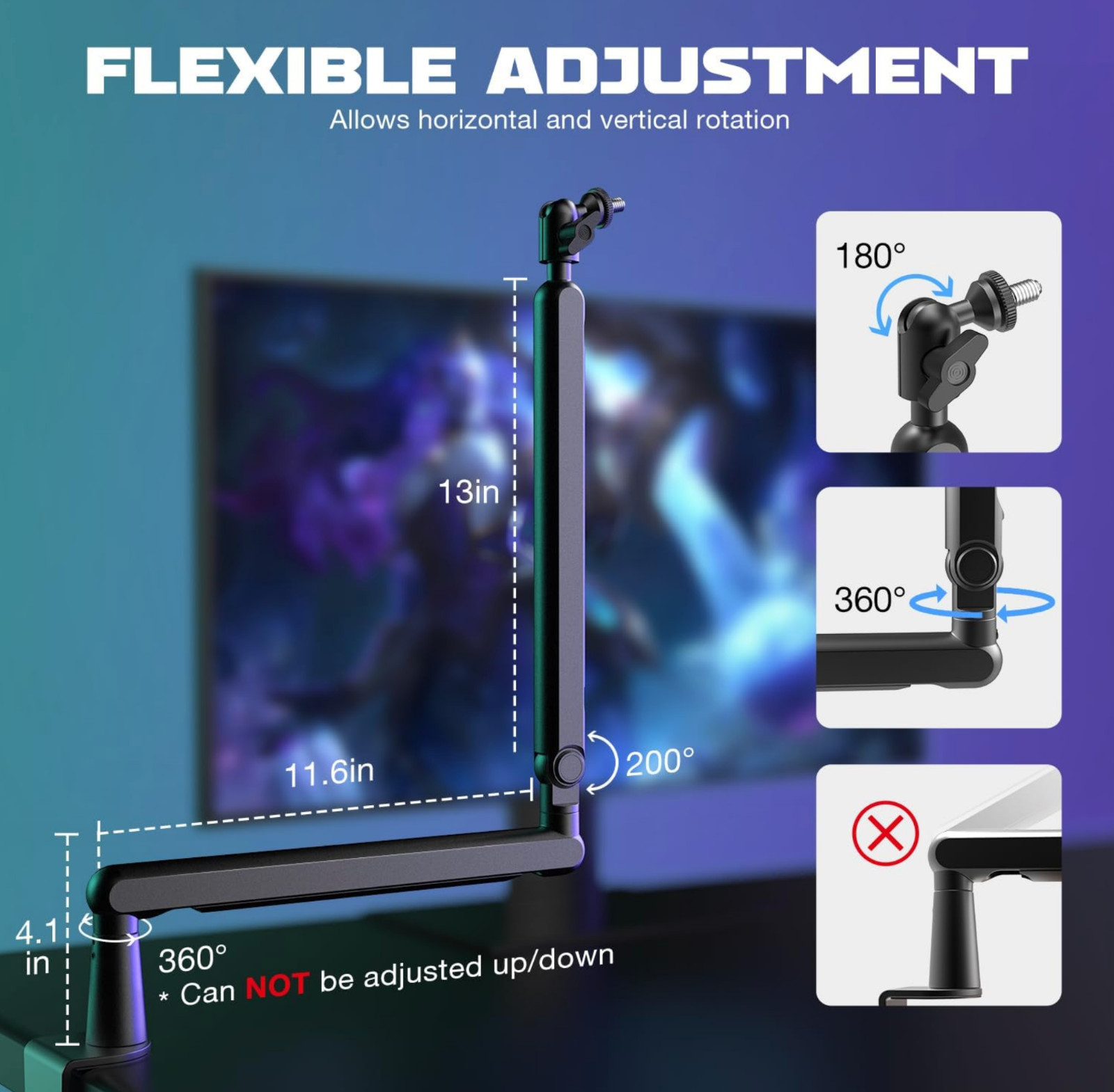 Microphone Boom Arm, Low Profile Mic Arm with Cable Management Channels