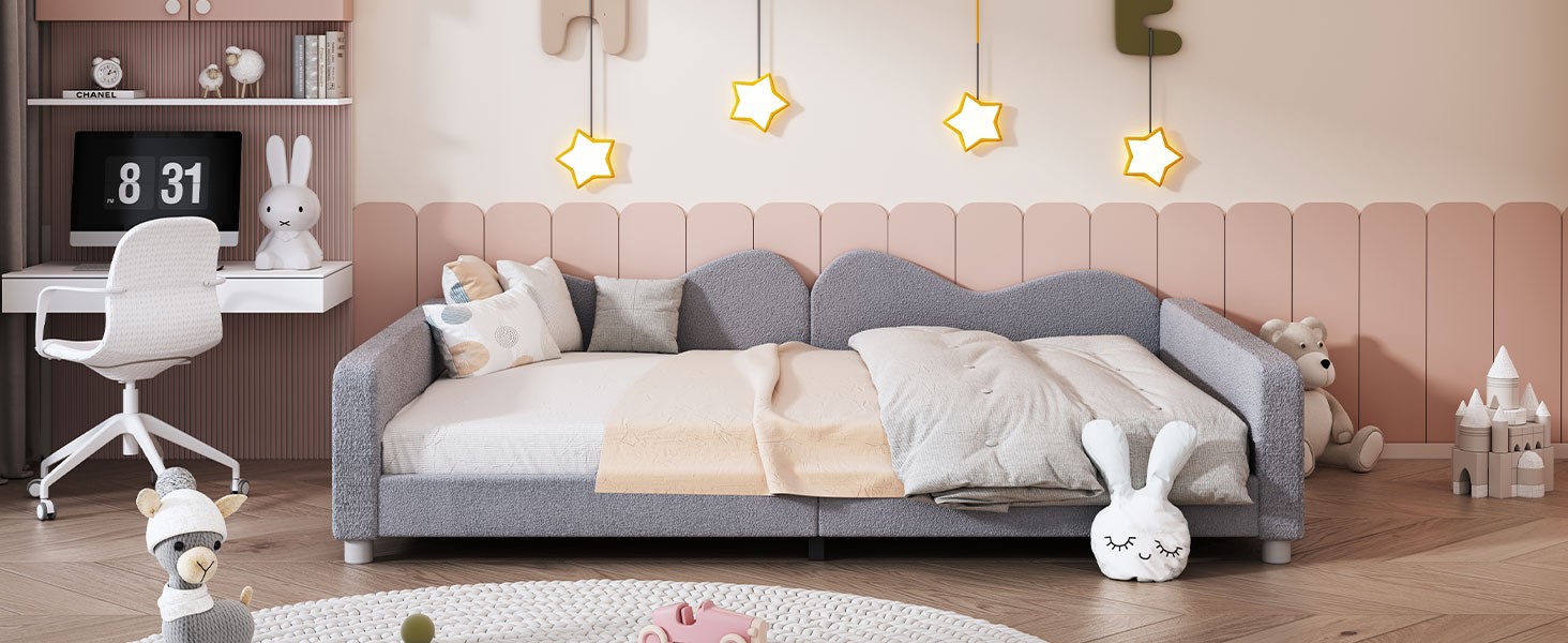Full size Upholstered Daybed, Sherpa Fabric Sofabed with Cloud-Shaped Backrest