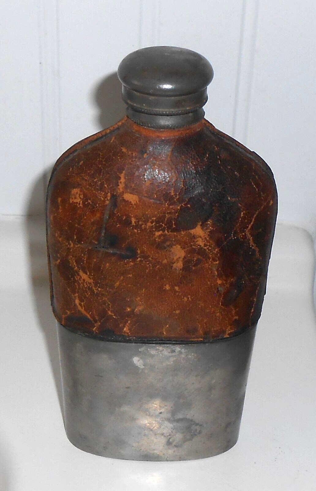 OLRY & CO. PHILADELPHIA VINTAGE WHISKEY BOTTLE FLASK LEATHER TOP PEWTER BOTTOM