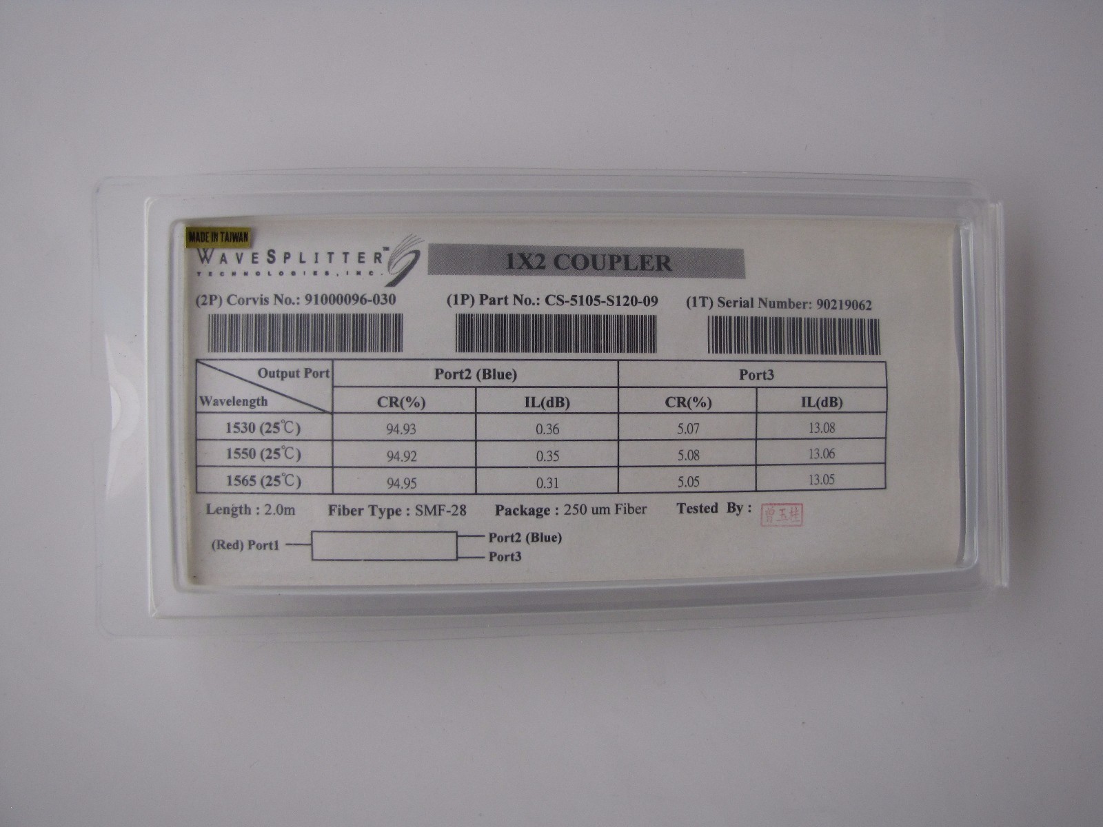 Wavespliter 1x2 5/95 C-band Fused Fiber Optic Coupler CS-5105-S120-09