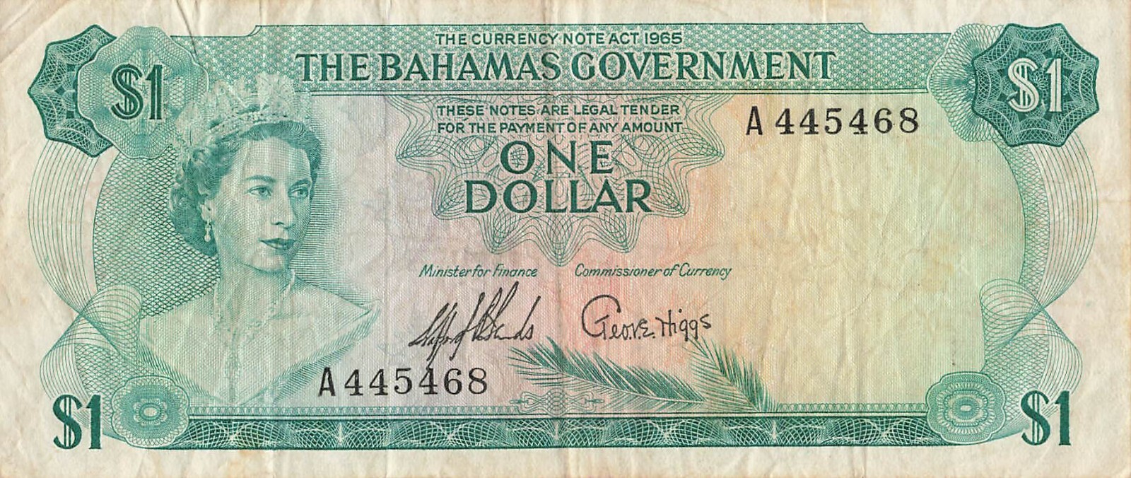 BAHAMAS $1 Dollar 1965, P-18a Government - 2 Signs, Prefix A, QEII Note, Popular