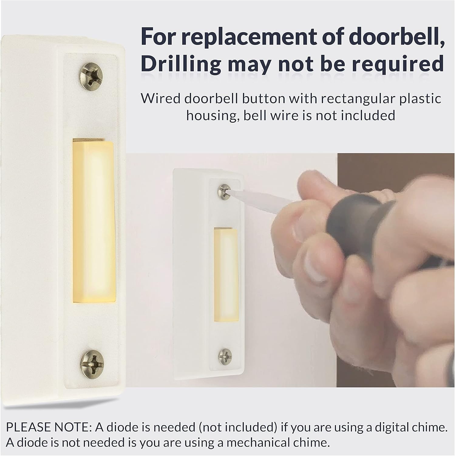 Durable Rectangular Lighted Doorbell Button - Easy Wall Mount Solution in White