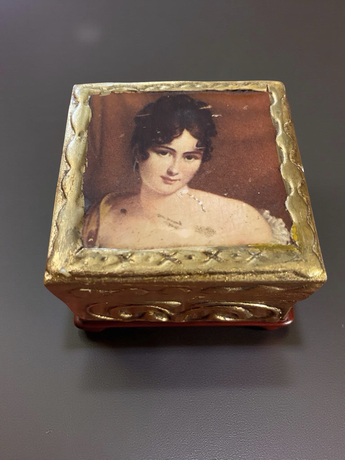 Wooden trinket box with gilt finish and portrait miniature