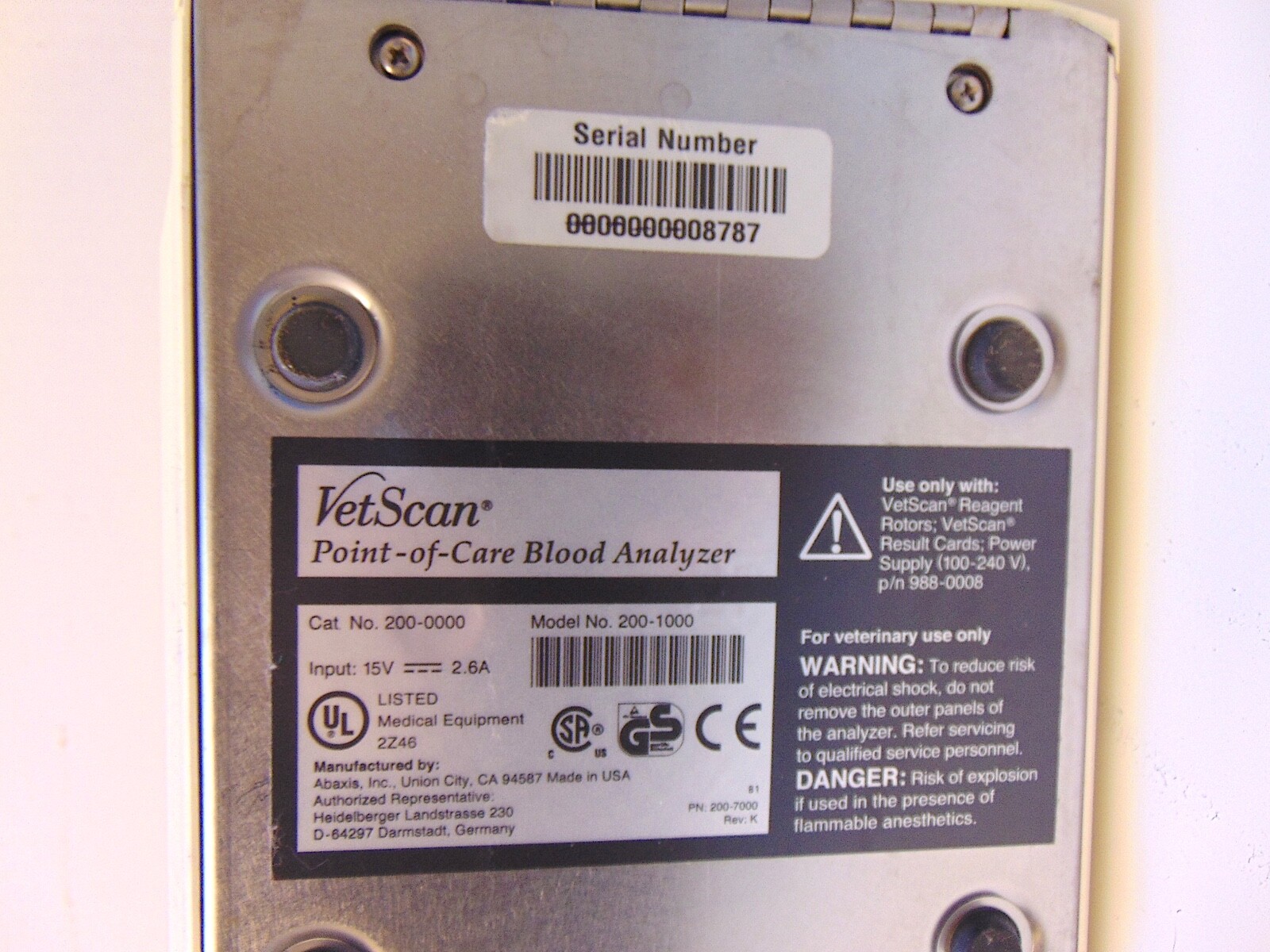 Vet Scan Point of Care Blood Analyzer Model 200-1000 With Power Supply S5665