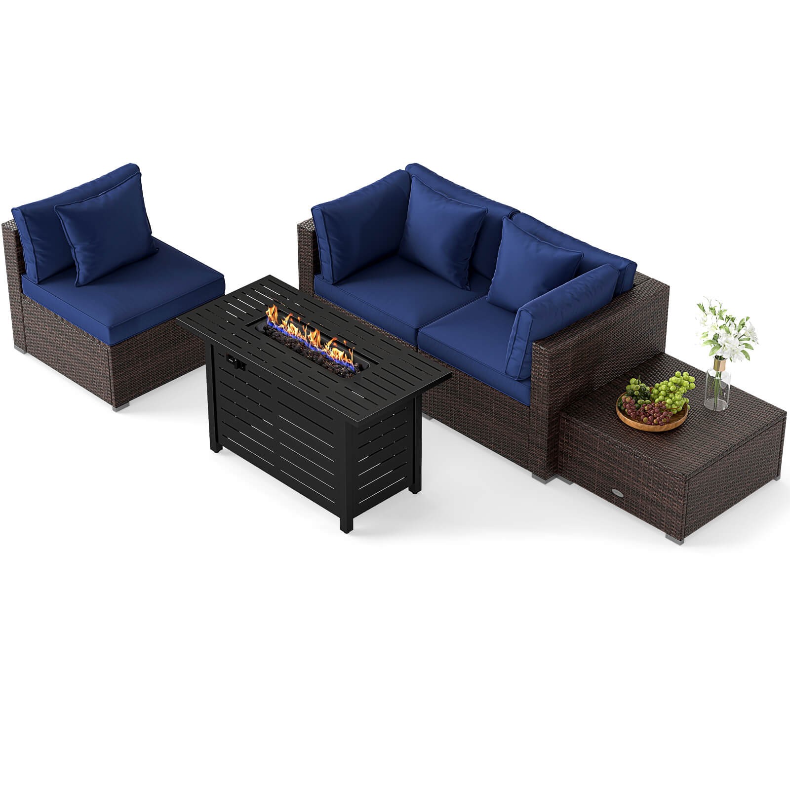 5 PCS Patio Furniture Set Heavy-duty Frame Rattan Sofa Set w/ 60,000 BTU