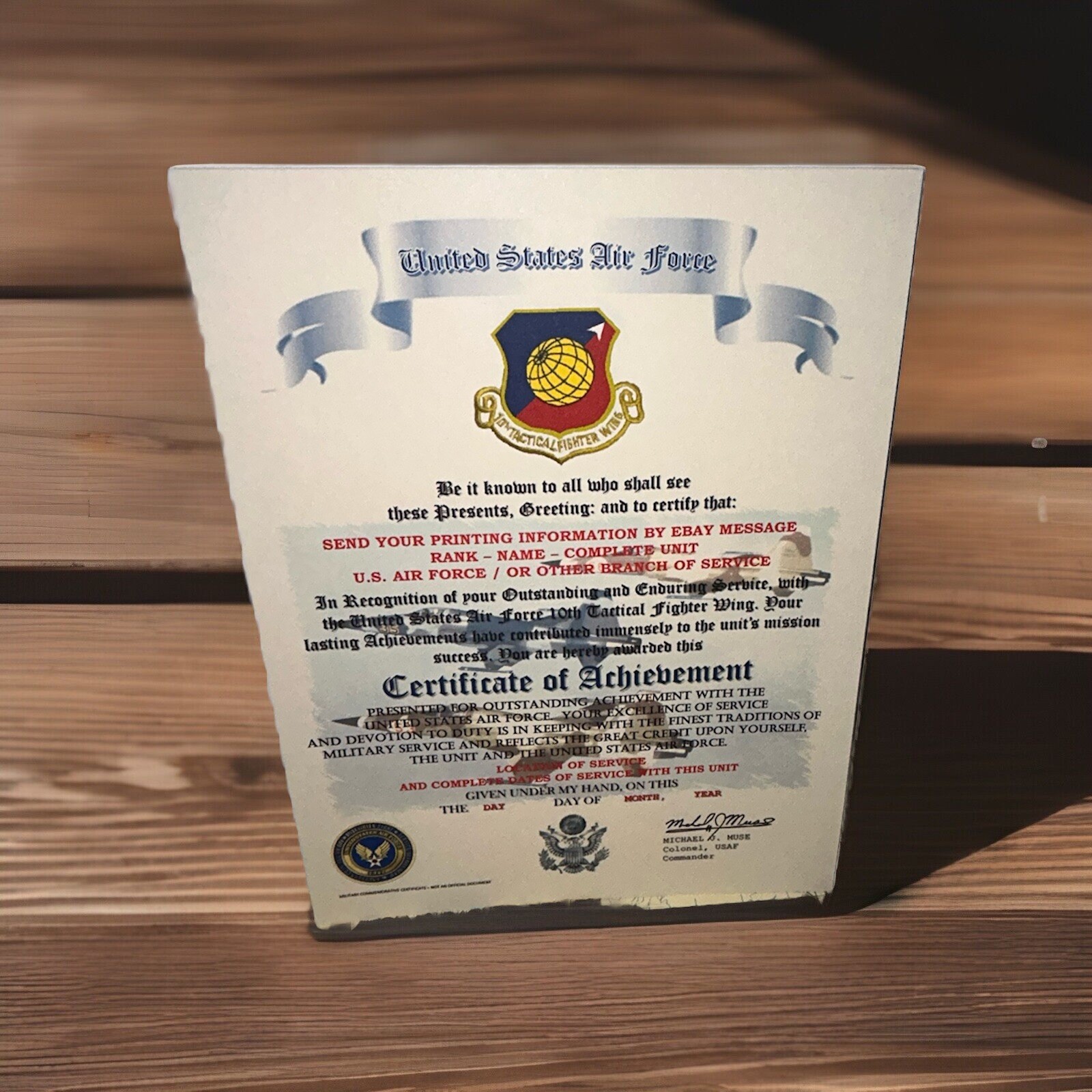 U.S.A.F. / AIR FORCE 10TH TACTICAL FIGHTER WING - CERTIFICATE OF ACHIEVEMENT