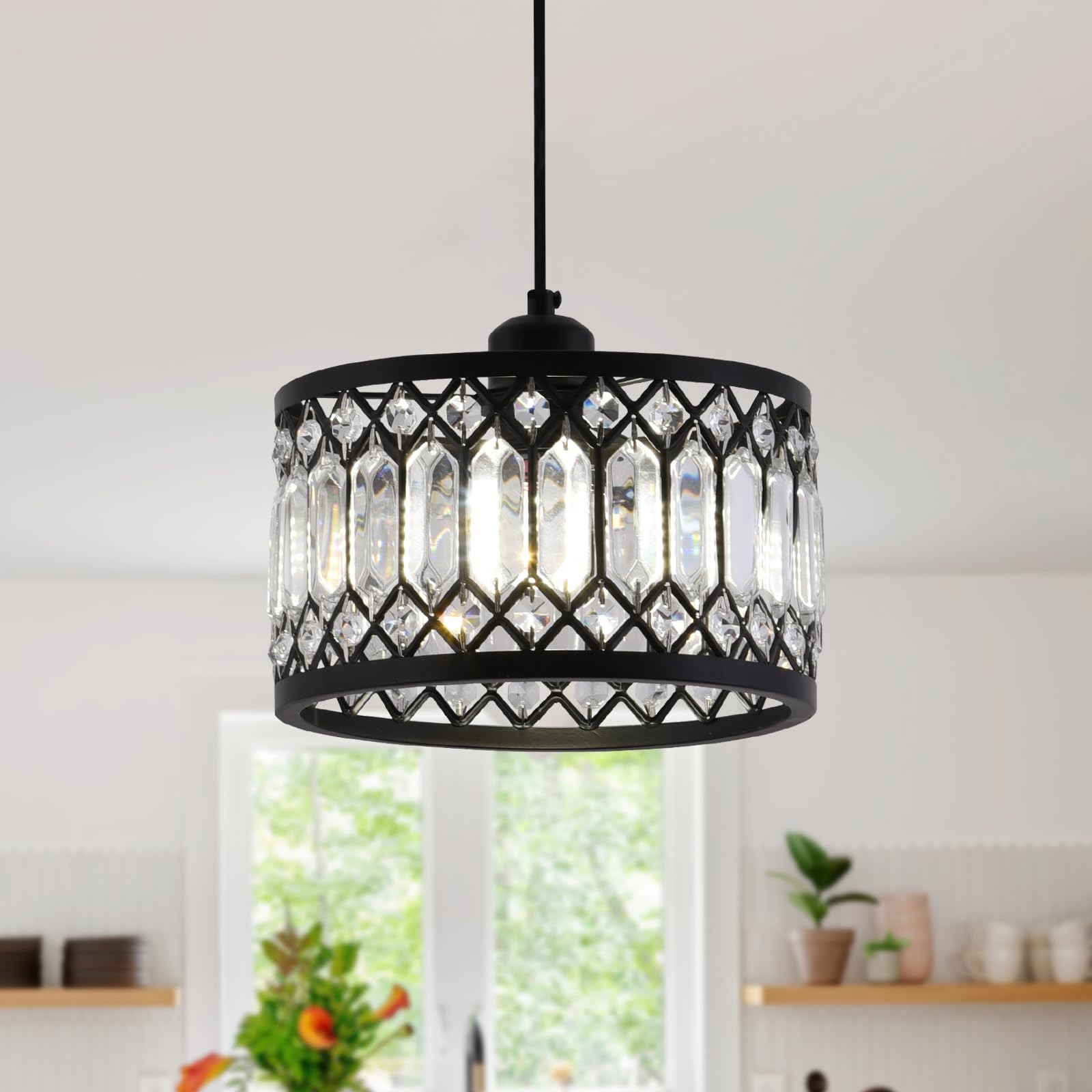 Crystal Black Pendant Light Fixture, Modern Hanging Ceiling Light Adjustable ...