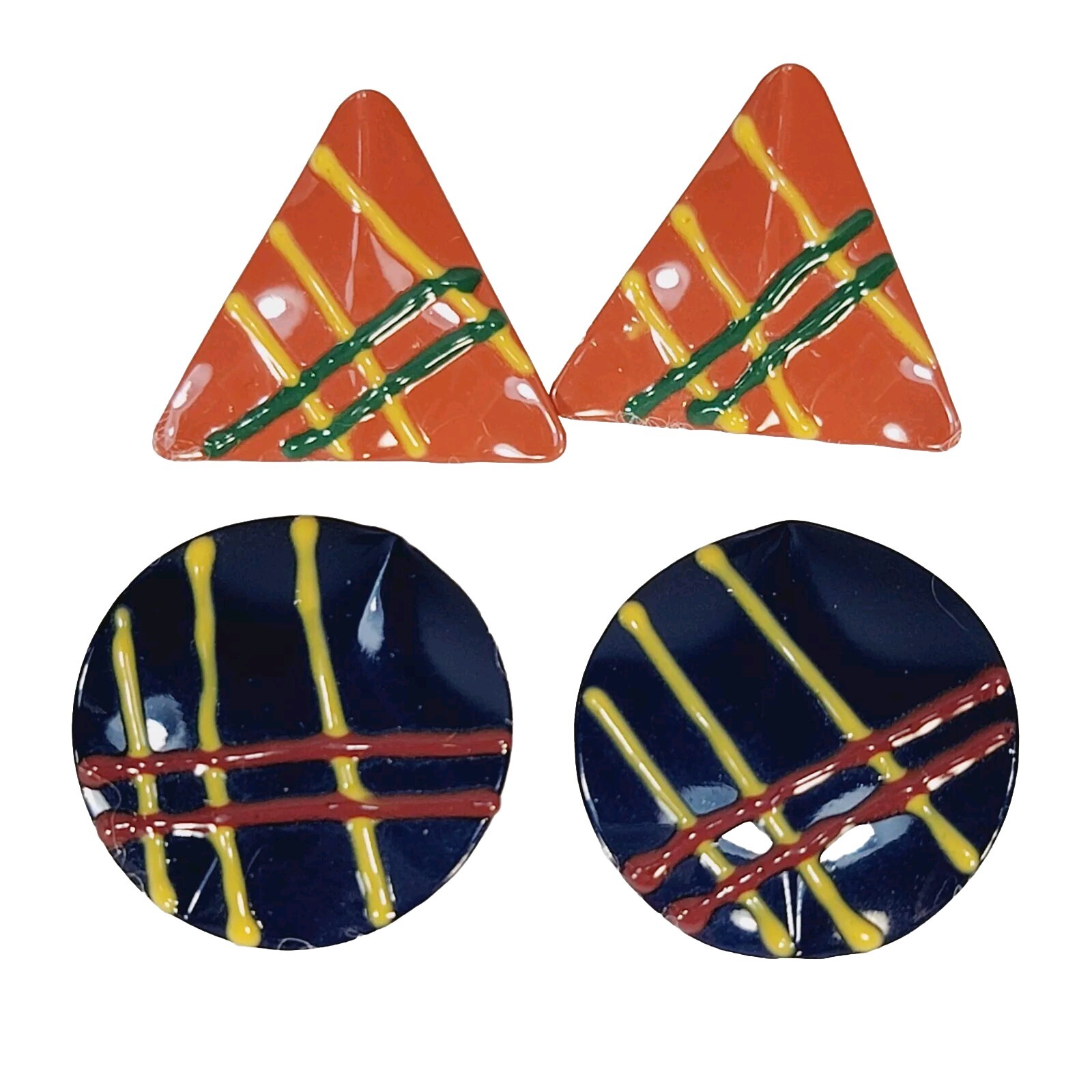 Vintage Retro Painted Metal Pierced Earrings. 2 Pair. Round Triangle