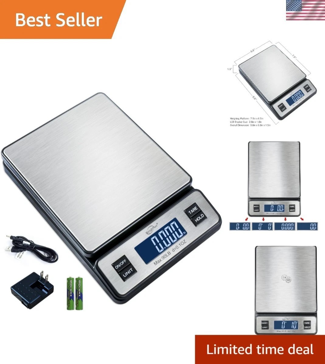 W-2809 90 LB Stainless Steel Digital Postal Scale with Extra Large LCD Display