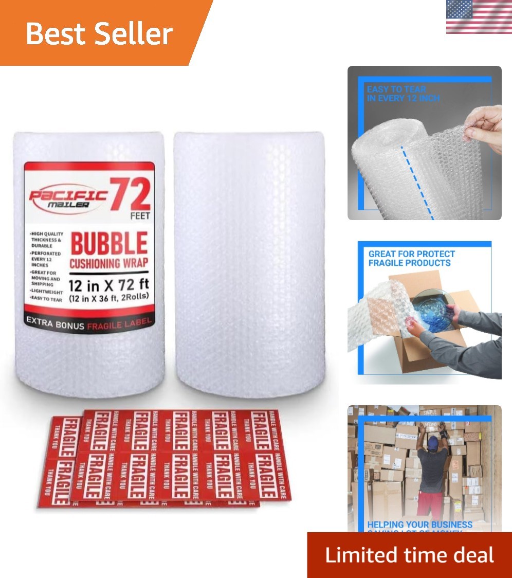 Bubble Cushioning Wrap 5/16 Inch x 12 Inch x 72Feet Total [2 Rolls of 36 Feet...