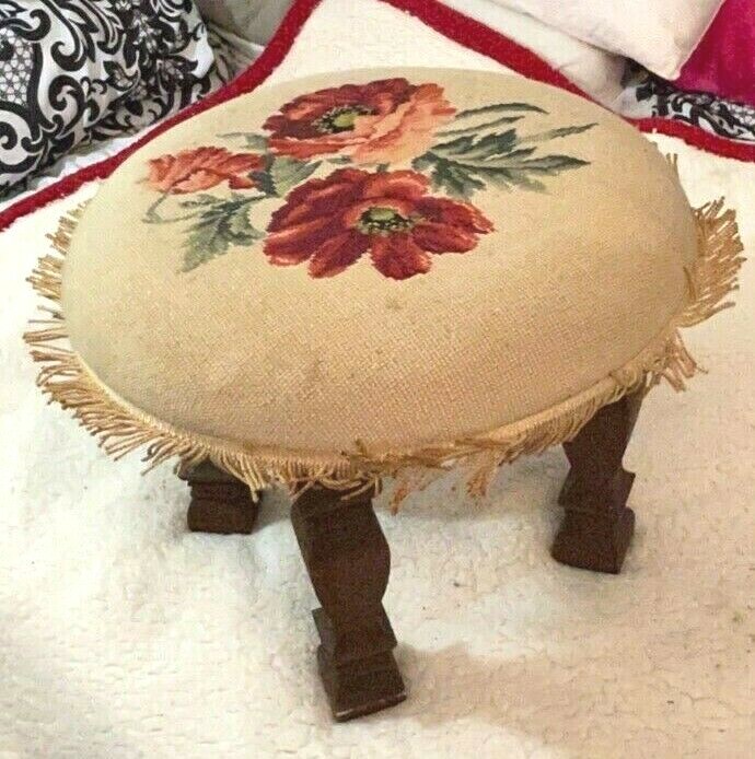 vintage FLORAL NEEDLEPOINT FOOT STOOL w/12" GERBER SOLID WOOD LEGS round ROSES