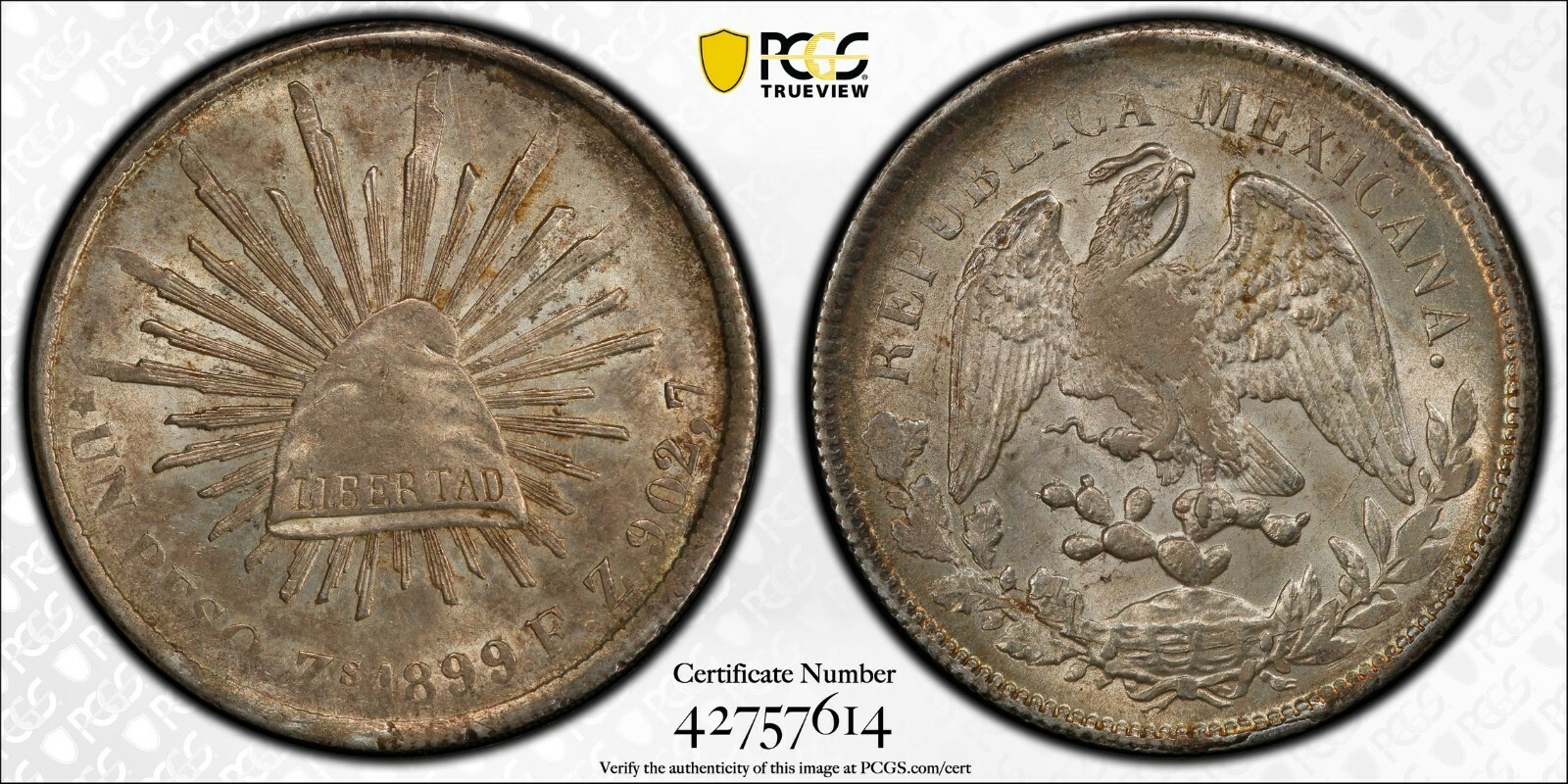 1899 Zs FZ MEXICO PESO ZACATECAS PCGS AU58  #42757614 EYE APPEAL!