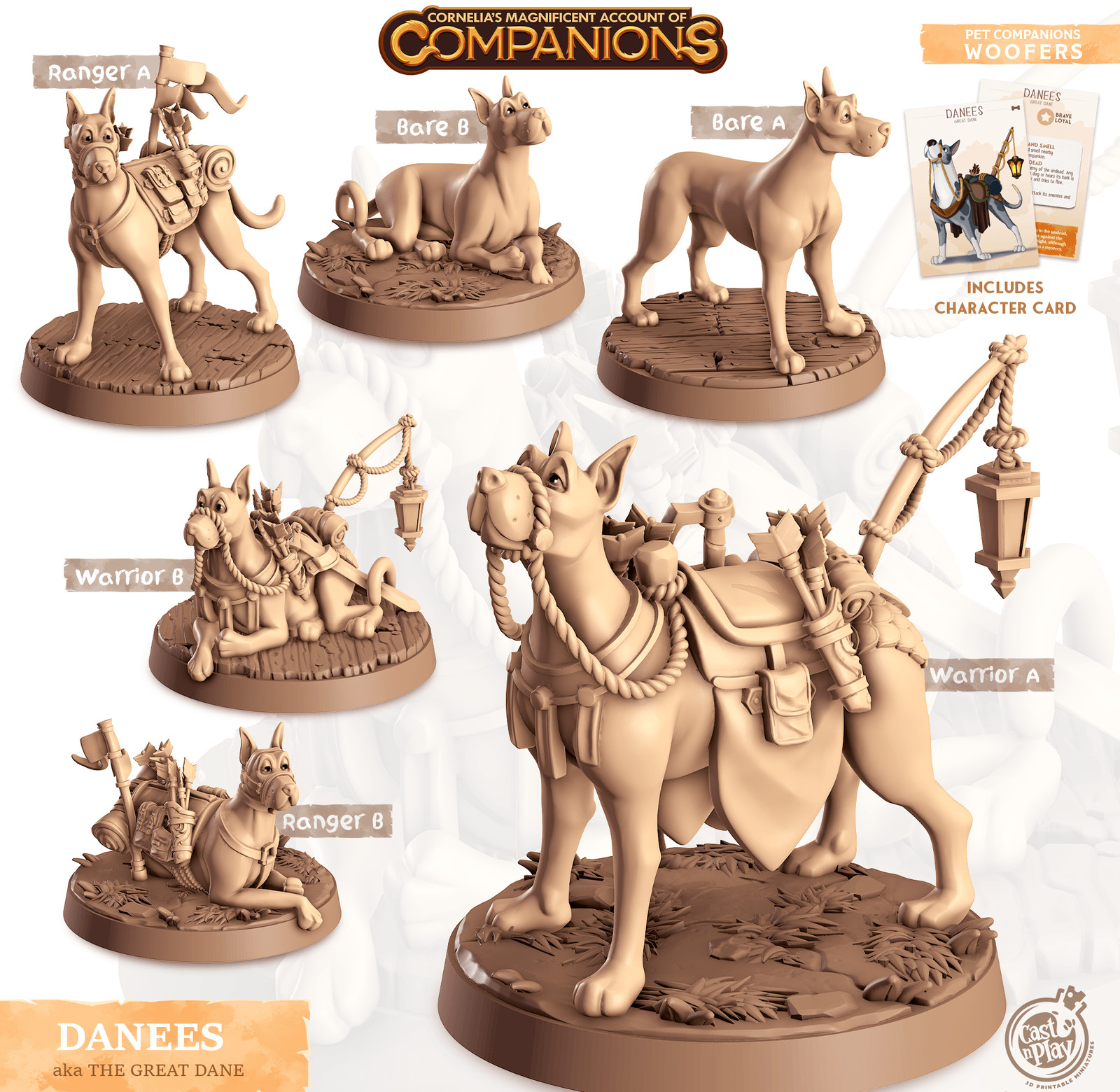 3D Printed Cast n Play Danees - Great Dane Companions 28mm 32mm D&D