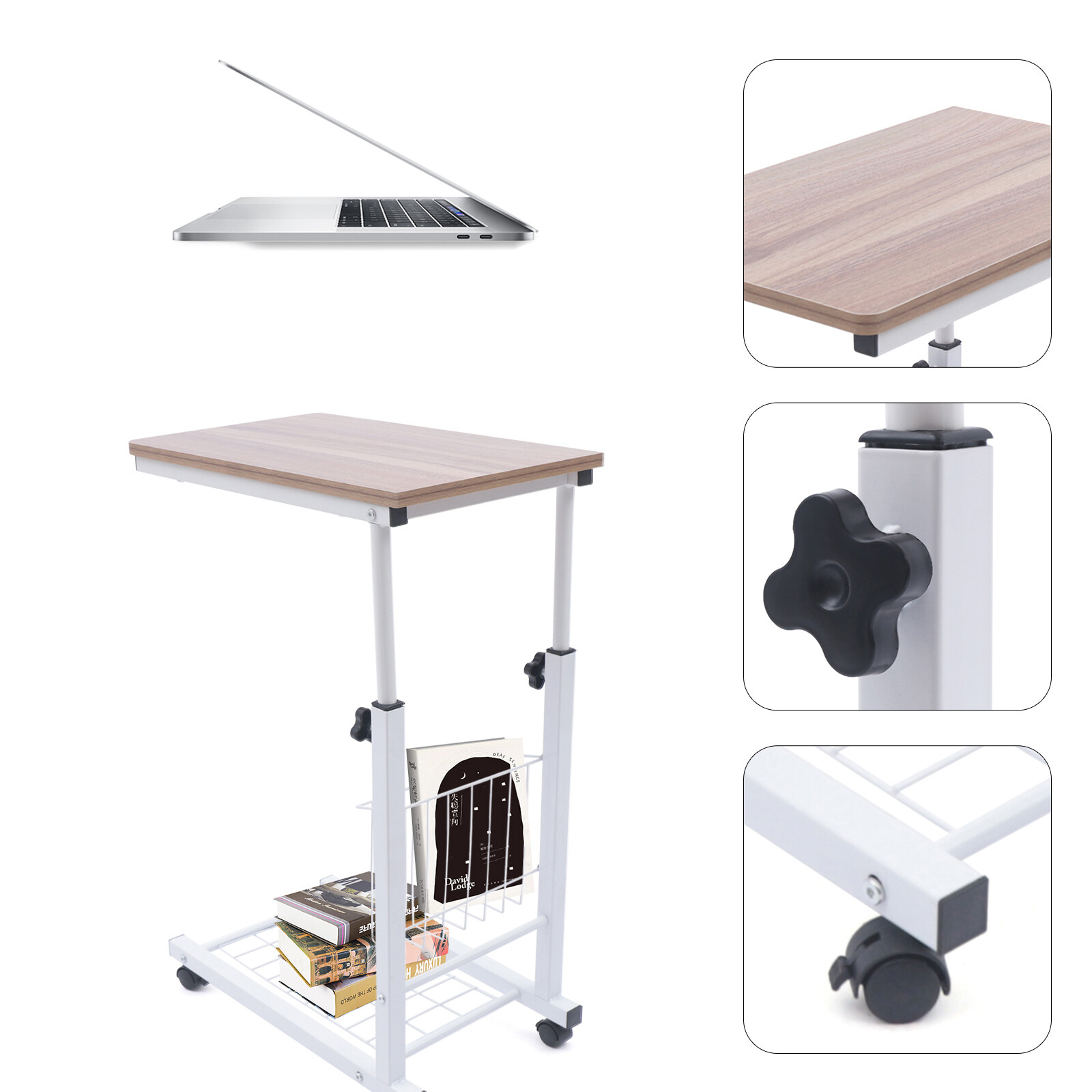 Bed Side Table Wheels Hospital Overbed Rolling Tray Sofa Side Desk Adjustable