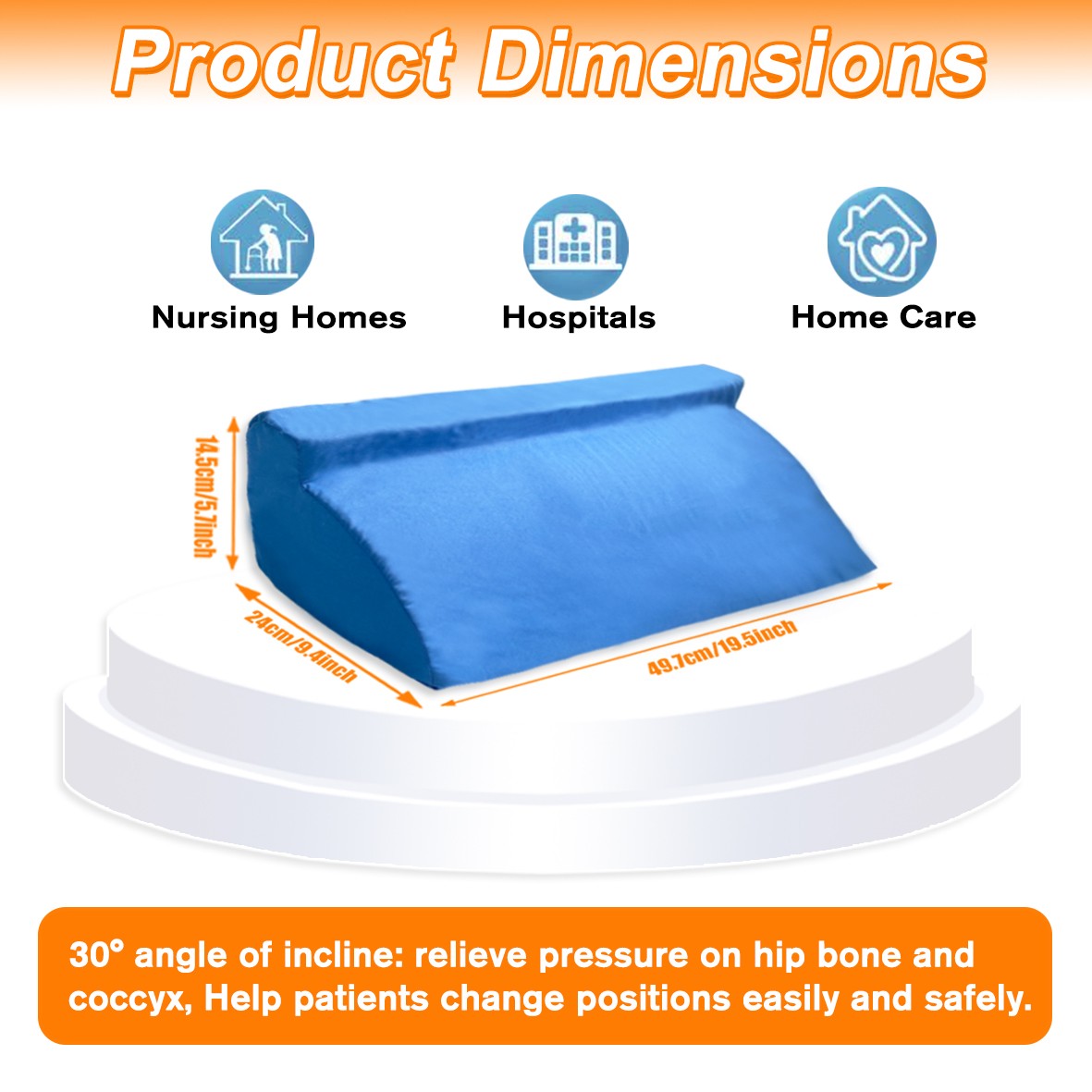 30° Incline Wedge Pillow Foam Bed For Side Sleeper Medical Elevated Bolster Blue