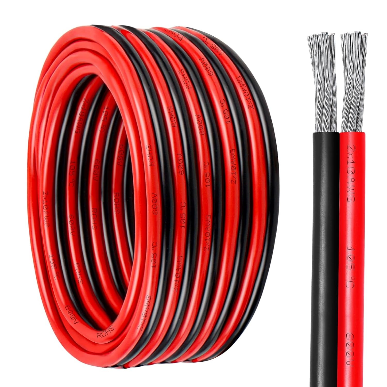 10 Gauge Wire 2 Conductor Tinned Copper Cable, Flexible 10 10 10FT, Red