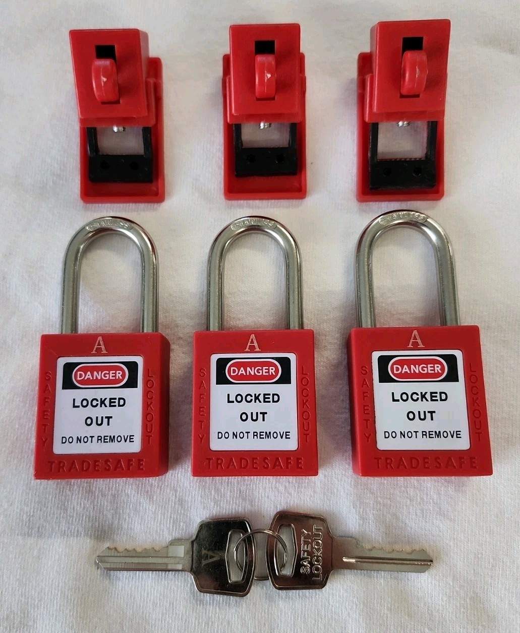 Lot of 3 - Tradesafe Red Nylon Lockout Padlock & Circuit Breaker Lockout W/Keys