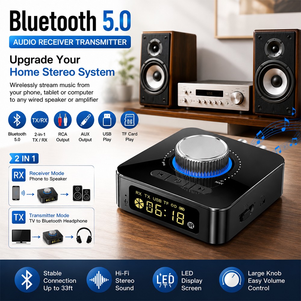 Bluetooth 5.0 Audio Receiver Transmitter USB TF Card MP3 Player AUX RCA Adapter