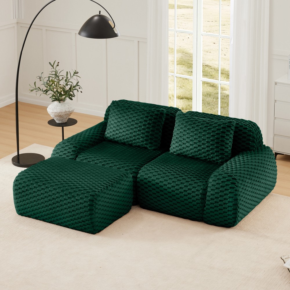 82" Modern L-Shaped Modular Sectional Sofa w/ Ottoman, Flannelette, Green