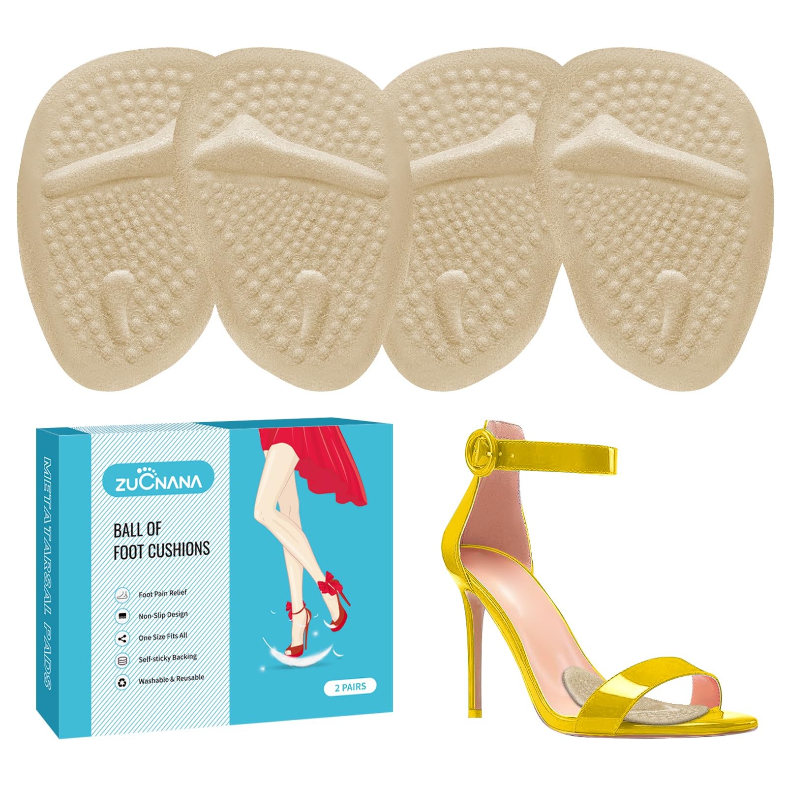ZUCNANA Metatarsal Pads for Women, Ball of Foot 2 Pairs, Beige 2pairs
