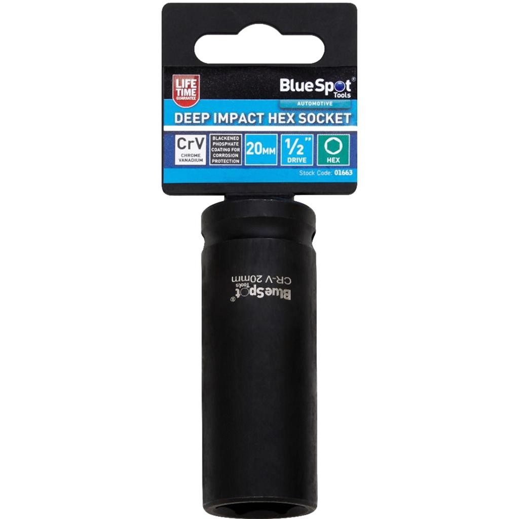 BlueSpot 20mm Deep Socket Impact Hex 6 Point Single CRV Steel 1/2" Drive